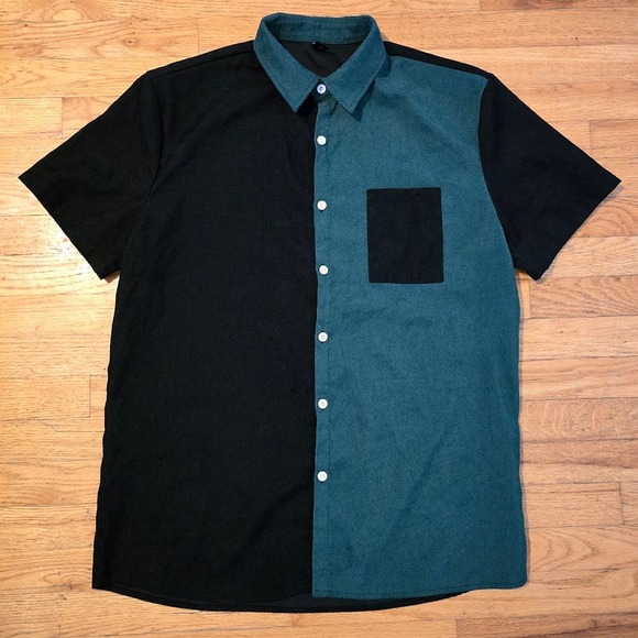 Men’s Romwe XL Button Down Shirt Short Sleeve Green/Black 90s Style - Picture 1 of 6
